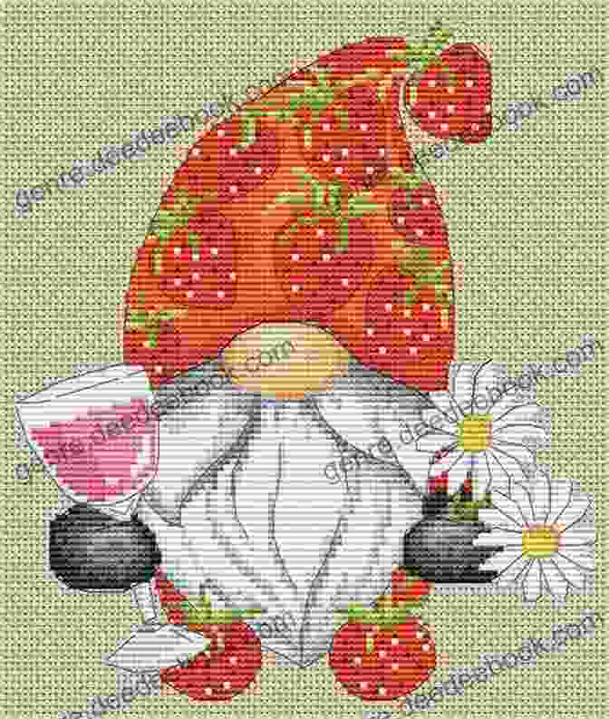 A Cross Stitch Pattern Of A Strawberry Gnome In A Flower Filled Meadow Strawberry Gnomes Cross Stitch Patterns